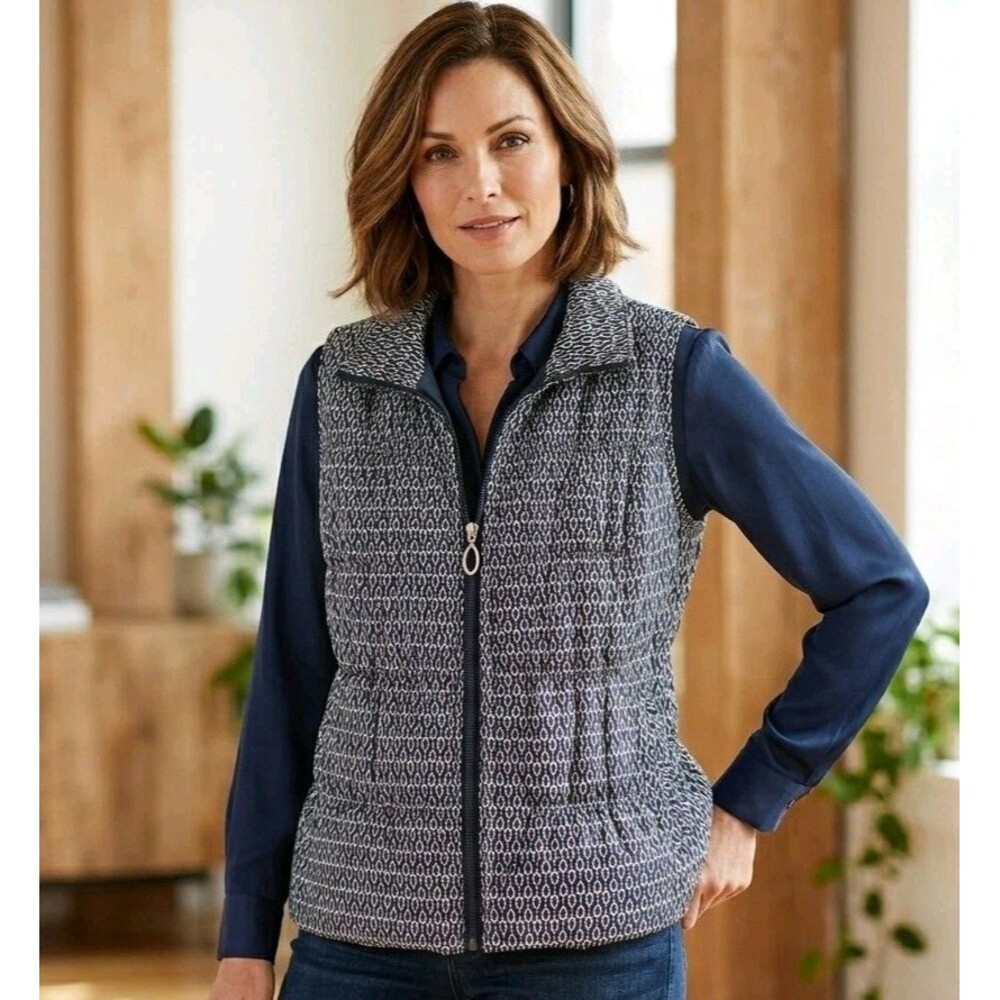 Sz M Christopher & Banks Full Zip Lined Vest Womens Tear Drop Pattern Cinch